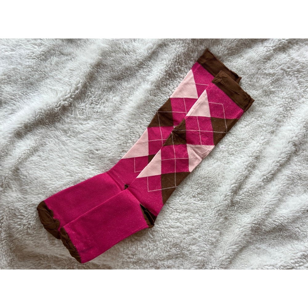 Pink Brown Argyle Knee High Socks Tall Preppy Y2K Dark Academia S M